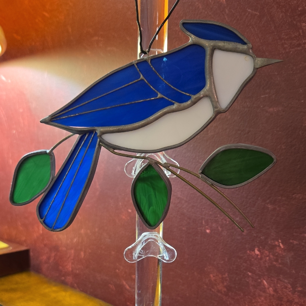 Vtg Stained Lead Glass NC Blue Jay Window Sun-Catcher
